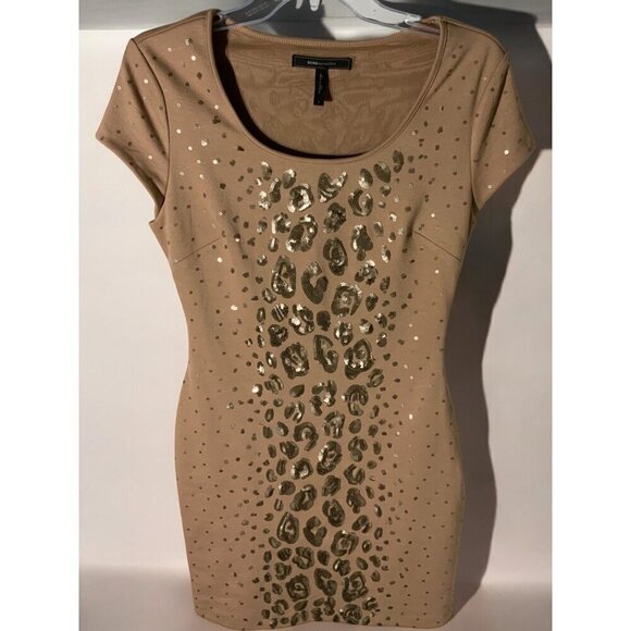 BCBGMaxazria Womens Camel Leopard Sequin Side Zip Cap Sleeve Mini Dress Small - Picture 1 of 9